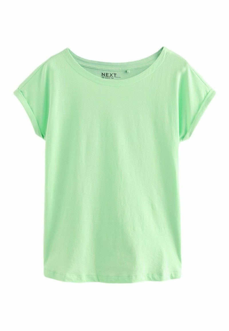 T-shirt vert menthe à manches courtes avec un col rond et une coupe décontractée, fabriqué en coton jersey doux. Texture lisse, sans motifs.