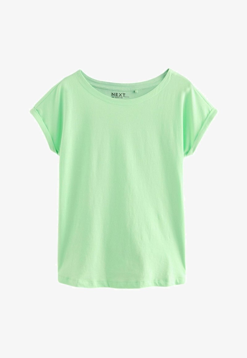 Tricou scurt pe mânecuțe de culoare verde mentă, cu decolteu rotund și o croială lejeră, realizat dintr-un material moale din bumbac jersey. Textură netedă, fără modele.