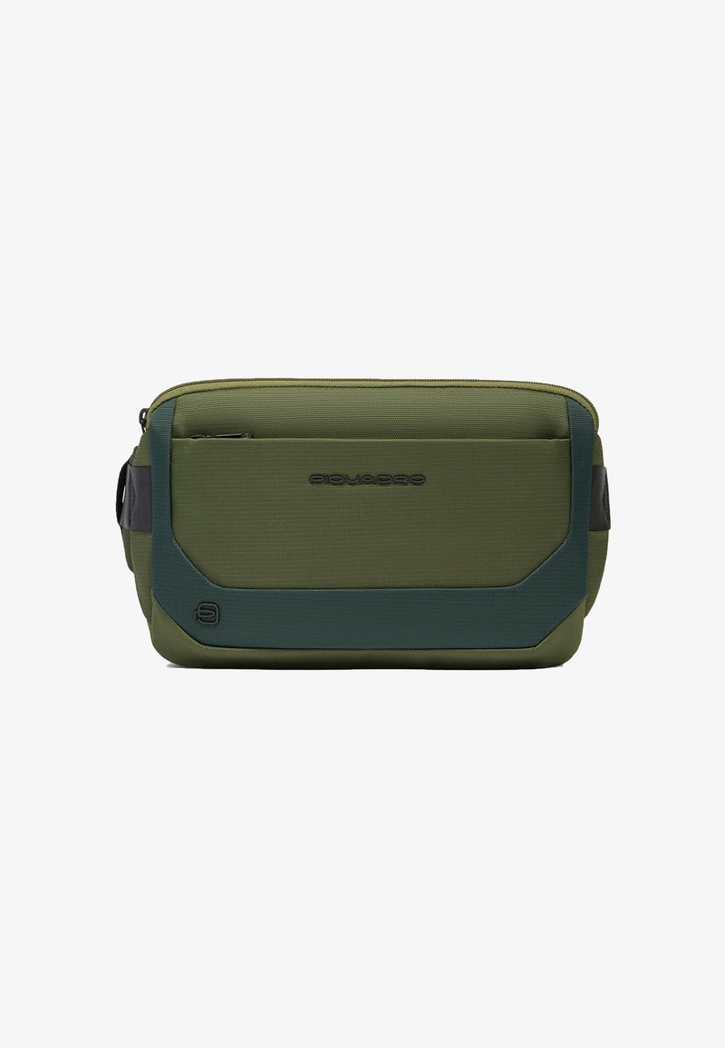 Borsa a tracolla rettangolare verde scuro realizzata in tessuto strutturato. Presenta un logo nero e accenti verde scuro a contrasto, con scomparti con cerniera.