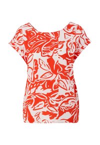 Top a maniche corte con un motivo floreale rosso e bianco su tessuto leggero, con una vestibilità morbida e un ampio scollo.