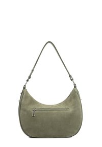 Borsa in suede verde oliva con silhouette curvata, tracolla regolabile e dettaglio in zip argentata sulla tasca anteriore. Texture liscia ovunque.