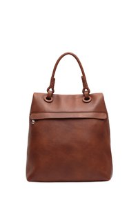 Bolso de mano de cuero marrón con un diseño estructurado, textura suave y dos asas redondeadas. Presenta un cierre superior con cremallera y sutiles detalles metálicos.
