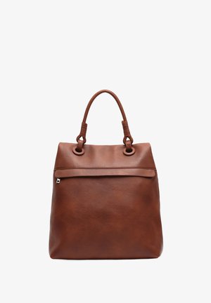 Sac à main en cuir marron avec un design structuré, texture lisse et deux poignées arrondies. Il présente une fermeture zippée sur le dessus et de subtils accents métalliques.