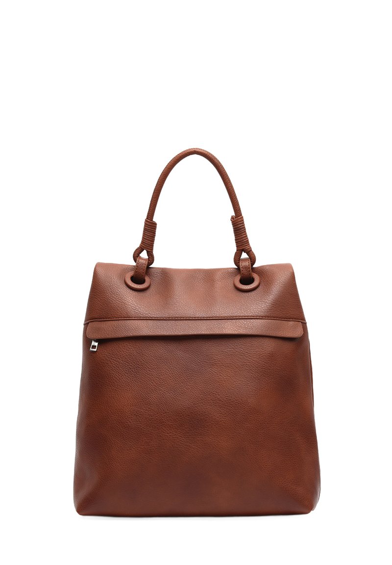 Bolso de mano de cuero marrón con un diseño estructurado, textura suave y dos asas redondeadas. Presenta un cierre superior con cremallera y sutiles detalles metálicos.