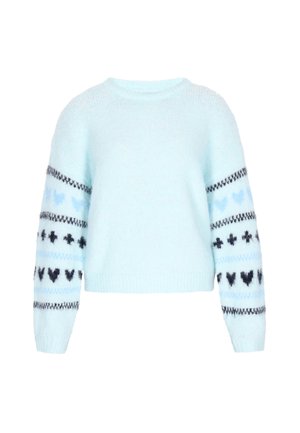 Heledu sinine lühike sviiter pehme tekstuuriga, millel on mustad ja sinised südame mustrid varrukatel ning ümmargune kaelus.