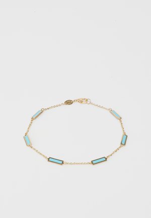 Pulsera de cadena de oro con acentos alternos de esmalte azul claro en forma rectangular. Superficie lisa con un cierre de langosta para un ajuste seguro.