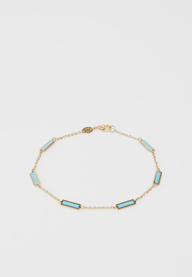 Gold chain bracelet featuring alternating rectangular light blue enamel accents. Smooth surface with a lobster clasp for secure fastening.