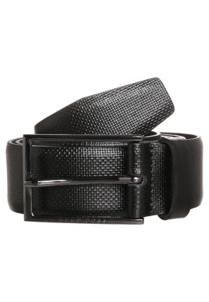 Black textured belt made from synthetic material, featuring a rectangular metal buckle with a shiny finish and prong closure.