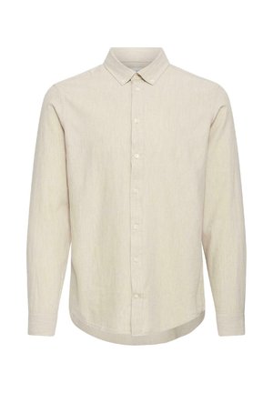 Hellbeiges Langarmhemd mit Knopfleiste aus strukturiertem Stoff. Verfügt über einen klassischen Kragen und einen geraden Saum mit leichter Wölbung.