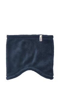 Scaldacollo in pile blu navy con una texture morbida, dotato di un bordo inferiore arrotondato e di una piccola etichetta del marchio sul lato.