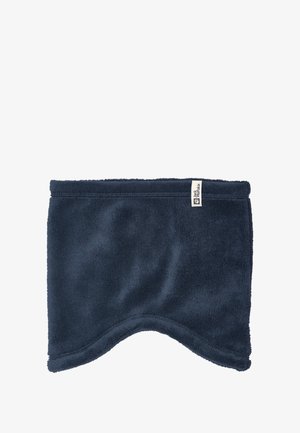 Dunkelblaues Fleece-Nackenwärmer mit weicher Textur, abgerundetem unteren Rand und einem kleinen Markenschild an der Seite.