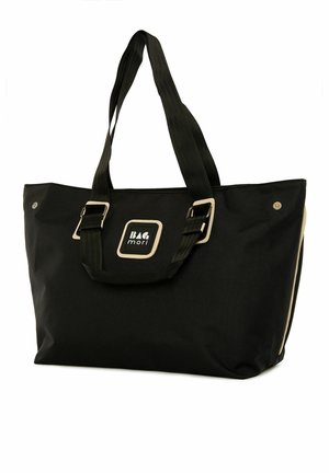 Black tote bag with fabric material, featuring two sturdy handles, silver hardware accents, and a central logo patch. Includes side detailing.