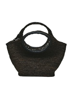 Black woven handbag with two round handles, one larger and one smaller, made of natural fiber material.
