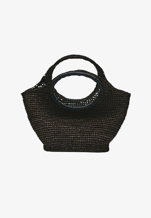 Black woven handbag with two round handles, one larger and one smaller, made of natural fiber material.