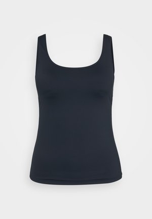 Sort tanktop lavet af glat, strækbart stof. Har en rund halsudskæring og brede skulderremme, med en tætsiddende silhuet.