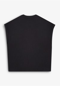 Czarny, bezrękawnikowy crop top z zaokrąglonym dekoltem, charakteryzujący się minimalistycznym designem i miękką, teksturowaną bawełnianą tkaniną. Gładkie detale szwów.