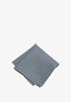 Musterstoff aus Leinen in Blau und Weiß, mit einem geometrischen Design und Rautenformen. Glatte Textur, gefaltet in einem Quadrat.