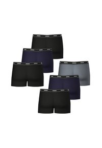 Six paires de boxers en tissus noir, marine et gris. Dotés d'une ceinture élastique avec le logo "ATHENA". Texture lisse et coupe ajustée.