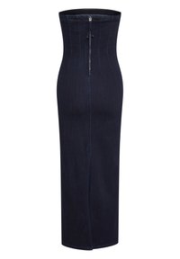 Gonna a tubino in denim scuro con vita alta, caratterizzata da cuciture verticali, chiusura con zip sul retro e uno spacco laterale.
