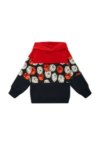 Bluza z kapturem z czerwonym górnym pasem i czarnym dołem. Środkowa część ma zabawny wzór kolorowych kości do gry i geometrycznych kształtów.