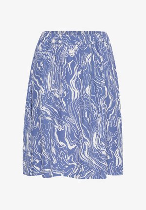 Kék szoknya fehér hullámos mintával, rugalmas derékkal és pliszírozással a nagyobb térfogatért. Könnyű anyagból készült.