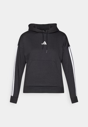 Juoda gobtuvų palaidinė su priekiu kišenėje, balti trijų juostų akcentai ant rankovių ir mažas baltas logotipas ant krūtinės. Švelni medžiagos tekstūra.