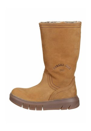 Braune Leder-Kniehohe Stiefel mit weicher Fellfütterung, Gummisohle und geprägtem „Panama Jack 1989“ Logo. Mit geschwungenen Stichdetails.