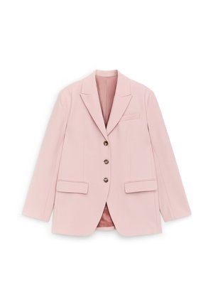 Light pink tailored blazer with long sleeves, three front buttons, two flap pockets, and one chest welt pocket, laid flat.
