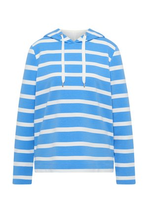 Blau-weiß gestreifter Hoodie mit verstellbarer Kapuze, langen Ärmeln und weichem Stoff, entworfen für Komfort und lässiges Tragen.