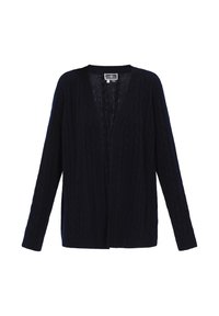 Tummansininen cable-knit neuletakki, jossa on avoin etuosa, pitkät hihat ja ribbausreunat, valmistettu pehmeästä villasekoitteesta. Ei nappeja tai kiinnityksiä.