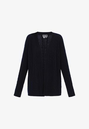 Tumesinine kabelikootud kardigan avatud esiosa, pikad varrukad ja soonikservad, valmistatud pehmest villa segust. Ilma nuppude või sulgudeta.