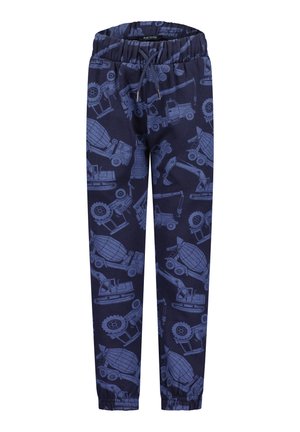 Marineblaue Kinderhose mit elastischem Bund und Bündchen, mit hellblauen Baumaschinen wie Betonmischern und Baggern.