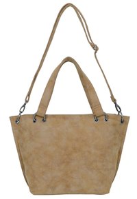 Tote-Bag aus braunem Leder mit zwei kurzen Griffen und einem langen, verstellbaren Schulterriemen, ausgestattet mit silbernen Hardware und einer strukturierten, weichen Oberfläche.