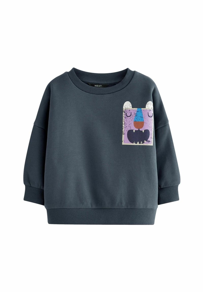 Sweat-shirt pour enfants gris foncé à manches longues avec un visage d'ours abstrait coloré imprimé sur la zone de la poche poitrine.