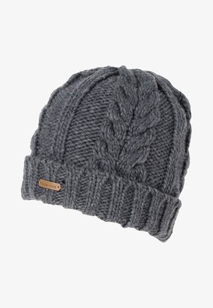 Bonnet d'hiver tricoté gris foncé avec motif torsadé et revers côtelé, avec une petite étiquette de marque rectangulaire marron.