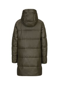 Olijfgroene pufferjas met capuchon, doorgestikt ontwerp en een midilange pasvorm. Gladde, glanzende stof met horizontale stikdetails.
