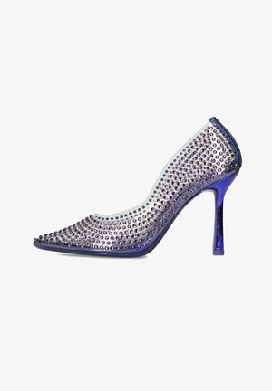 High-heeled shoe with a translucent upper, adorned with purple rhinestones, and a glossy purple heel. Pointed toe design.