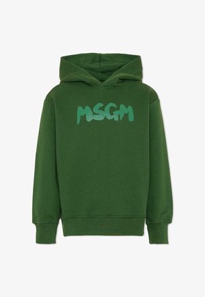 Hoodie vert en tissu doux, avec une poche kangourou à l'avant et un logo "MSGM" peint en vert clair sur la poitrine.