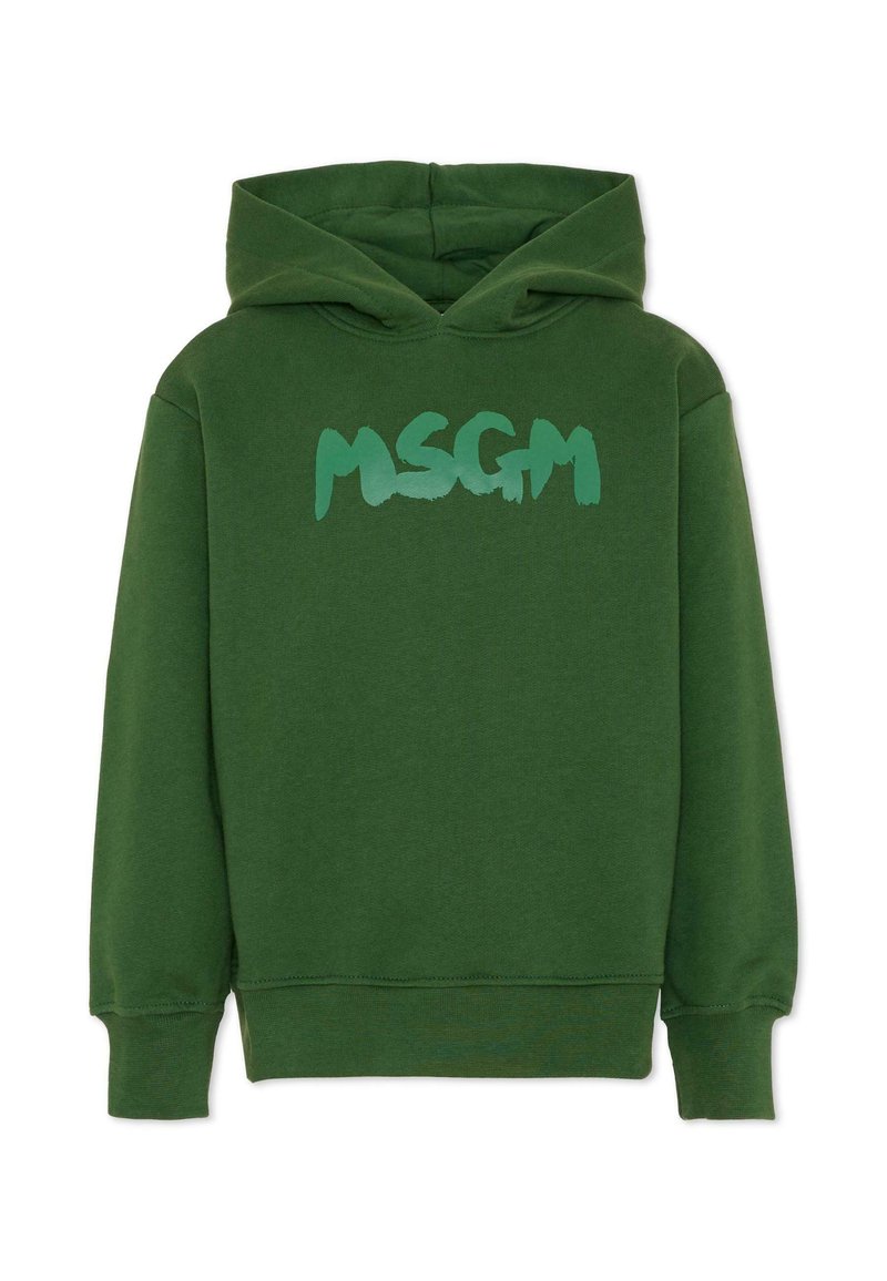 Felpa verde realizzata in tessuto morbido, con tasca frontale a marsupio e logo "MSGM" dipinto di verde chiaro sul petto.