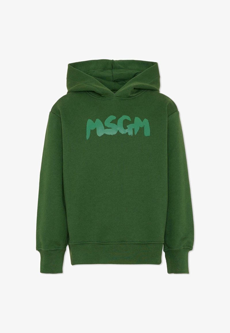 Groene hoodie van zachte stof, met een voorzak in kangoeroestijl en een geschilderd 'MSGM' logo in lichtgroen over de borst.