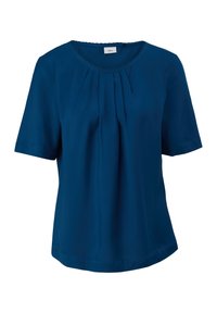Blouse bleue à manches courtes avec col rond et plis sur le devant, en tissu lisse.