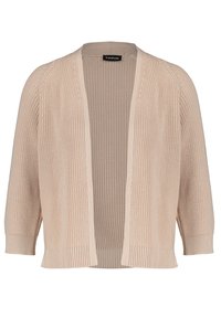 Beige pletený kardigan s otevřeným předním dílem, ribkovanou texturou, tříčtvrtečními rukávy a jemným vertikálním zdobením. Značková etiketa je viditelná uvnitř.