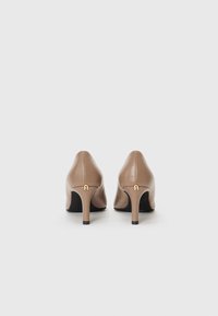 Chaussures à talons hauts en cuir beige avec un bout pointu et un talon fin. Présentent un petit accent doré à l'arrière. Texture lisse, design élégant.