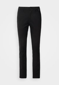 Schwarze Hose mit geradem Schnitt, aus glattem Stoff. Verfügt über einen normalen Bund mit einem Reißverschluss vorne und einem kleinen Markenschild an der Seite.