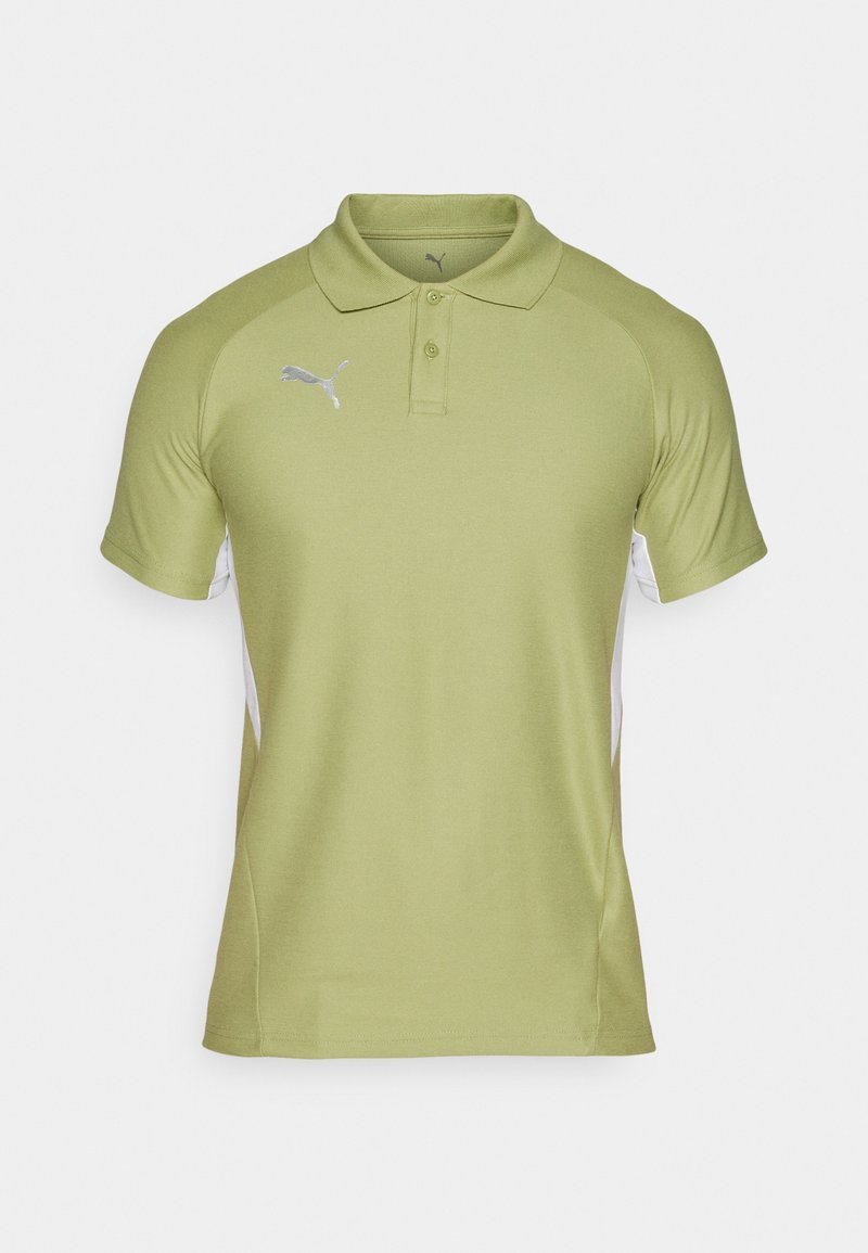 Light green polo shirt featuring a collar, two buttons, and short sleeves. White side panels and a silver Puma logo on the chest.