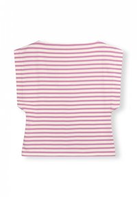 Top corto de tejido suave con rayas horizontales en rosa y blanco, cuello redondo y mangas anchas con un ajuste relajado.