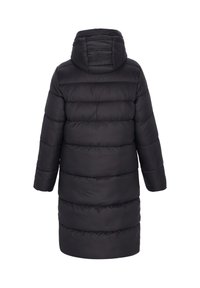 Svart puffjacka med huva, med en quiltad design, långa ärmar och en medellång längd. Slät, glänsande yta med horisontella sömmar.