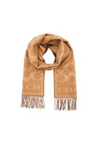 Beige Schal aus weichem Material mit dezentem Logo-Muster und fransigen Kanten. In einer geschlungenen Anordnung präsentiert.