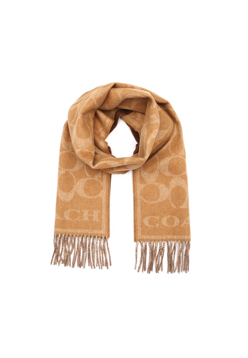 Beige Schal aus weichem Material mit dezentem Logo-Muster und fransigen Kanten. In einer geschlungenen Anordnung präsentiert.