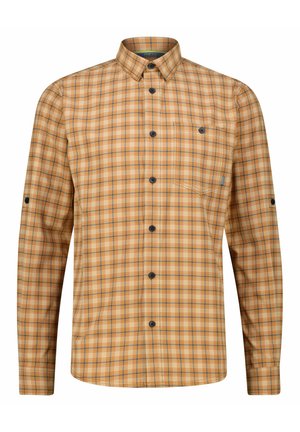Langarmhemd im tan- und orangefarbenen Karomuster, mit einem Button-Down-Kragen, aufgesetzter Tasche und dunklen Knöpfen aus glattem Stoff.